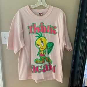 Vintage '98 Tweety Bird Think Again T-Shirt Looney Tunes  Adults Large Pink